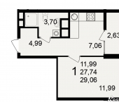 1-комн, 27 кв м, этаж 22/25 Куйбышевское шоссе, 19