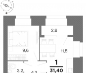 1-комн, 31 кв м, этаж 6/16 жилой комплекс Бирюзова Парк