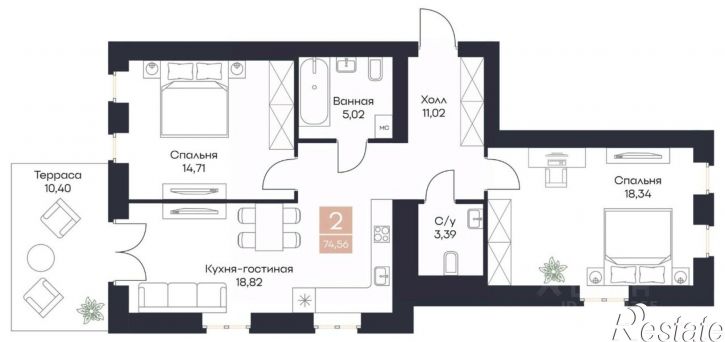 2-комн квартира в новом доме Полянское сельское поселение